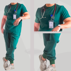 "MALE CASUAL" STYLE SCRUB [ ROUND-NECK TOP + RIBBED SWEATPANTS ] - Dark Green Color