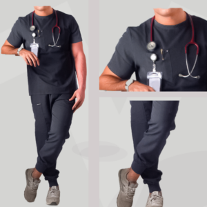 "MALE CASUAL" STYLE SCRUB [ ROUND-NECK TOP + RIBBED SWEATPANTS ] - Black Color