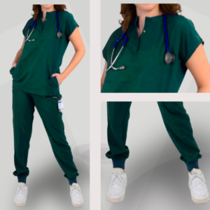 "FEMALE CASUAL" STYLE SCRUB [ ROUND-HALFNECK TOP + RIBBED SWEATPANTS ] - Dark Green Color