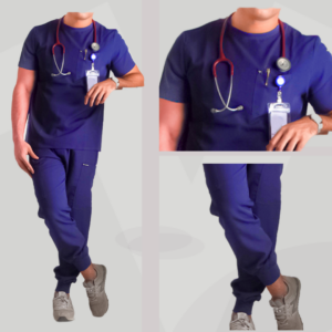 "MALE CASUAL" STYLE SCRUB [ ROUND-NECK TOP + RIBBED SWEATPANTS ] - Navy Color