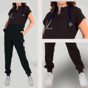 "FEMALE CASUAL" STYLE SCRUB [ ROUND-HALFNECK TOP + RIBBED SWEATPANTS ] - Black Color