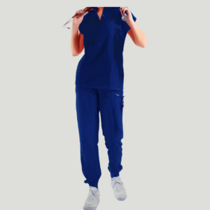 "FEMALE CASUAL" STYLE SCRUB [ ROUND-HALFNECK TOP + RIBBED SWEATPANTS ] - Navy Color
